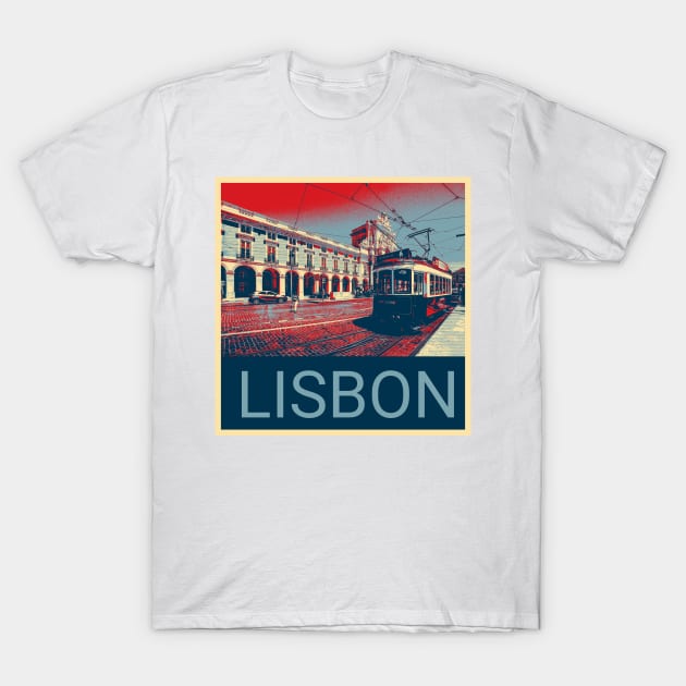 Lisbon in Shepard Fairey style design T-Shirt by Montanescu